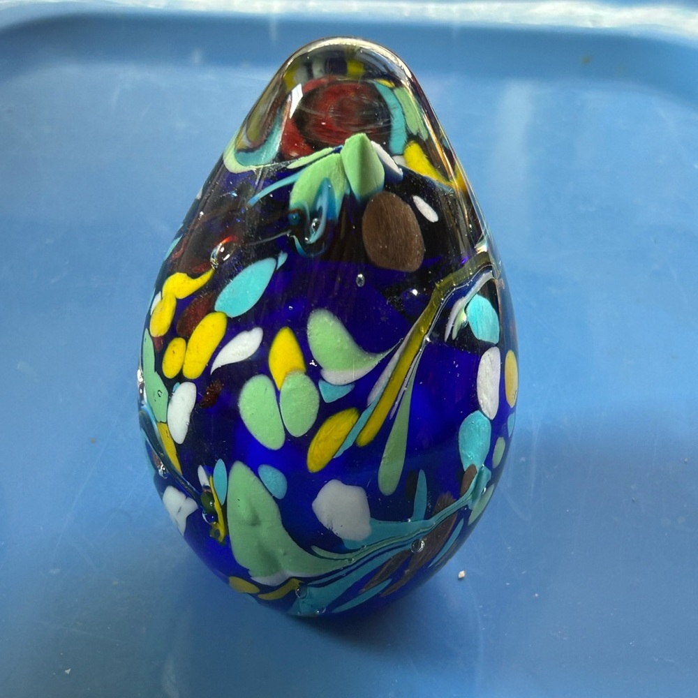 Egg Shaped Glass Paperweight Cobalt Blue Multi Color Collectible Desk Decor